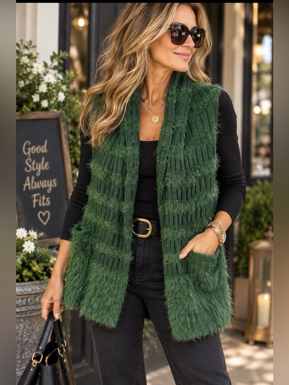 Alberto Makali Green Fuzzy Knit Vest Small Funky Statement Layer